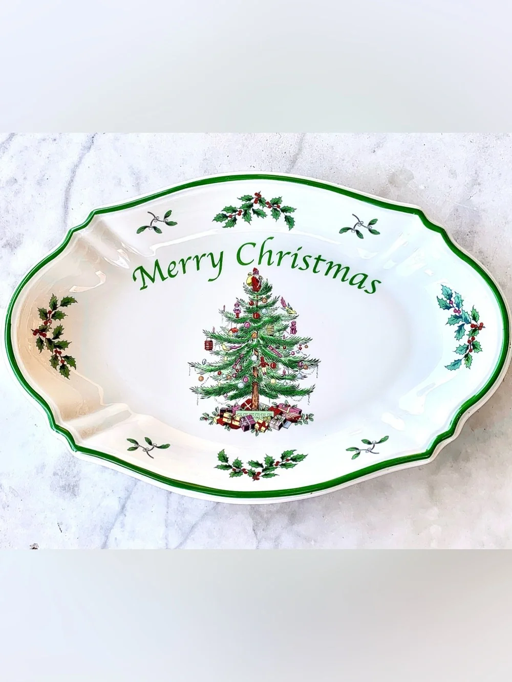 SPODE CHRISTMAS TREE OVAL MERRY CHRISTMAS TRAY PLATTER NEW GREEN GIFTS TOYS